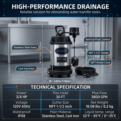 Heavy Duty Submersible Sump Pump With Three Quarter Horsepower Motor Kicks Standing Water To The Curb At 3800 GPH And 30 Foot Head, showcasing stainless steel and cast iron materials.