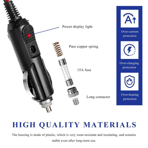 Close-up of Heavy Duty Fused Cigarette Lighter Male Plug With Embedded 15A Safety Fuse And Crisp Led Glow, highlighting power display and fuse.