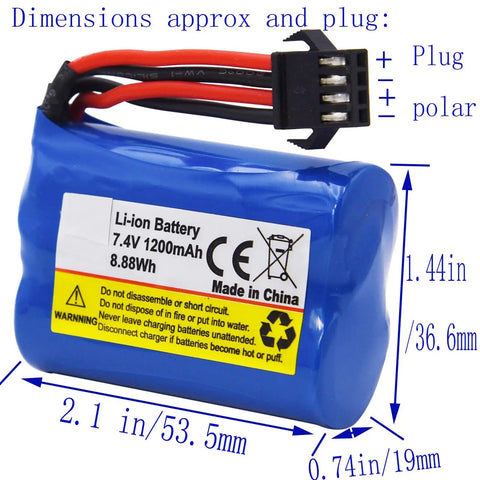 2 Pack 7.4V 1200mAh Li-ion RC Boat Battery With SM 4P Connector And USB Cable Replacement For HJ808 HJ823 2.4GHz Remote Boats