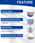 Front view of SHDIATOOL Diamond Tile Drill Bits Set infographic; 10 pieces with aluminum case and adapter