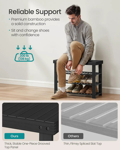 Man using 4 Tier Bamboo Shoe Rack Bench Organizer For Entryway And Living Room, Spacious Space-Saving No-Fuss Shoe Storage.
