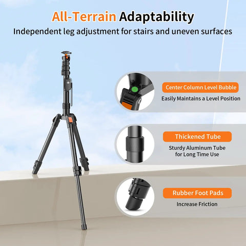 75 Inch Extendable Camera Tripod With Remote Shutter And 360 Degree Ball Head showing features and adaptability