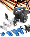 Cordless Electric Tube Bender With 1/4 To 7/8 Inch Dies And 0 To 90 Degree Range, hydraulic pipe bender with blue dies and handle.