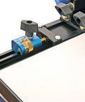 Hella Heavy Duty Band Saw Fence Micro Adjuster With Precision .005 Inch Increments, blue micro adjuster on band saw fence.