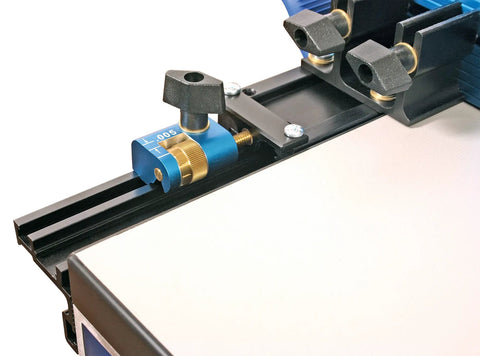 Hella Heavy Duty Band Saw Fence Micro Adjuster With Precision .005 Inch Increments, blue micro adjuster on band saw fence.