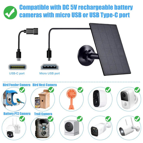 Diagram with 2W solar panel charger showing micro USB and USB-C ports, compatible with various battery security cameras.