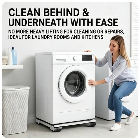 Heavy Duty Adjustable Appliance Mover Dolly With 24 Silent Wheels For Washing Machine And Sofa Moving in laundry room.
