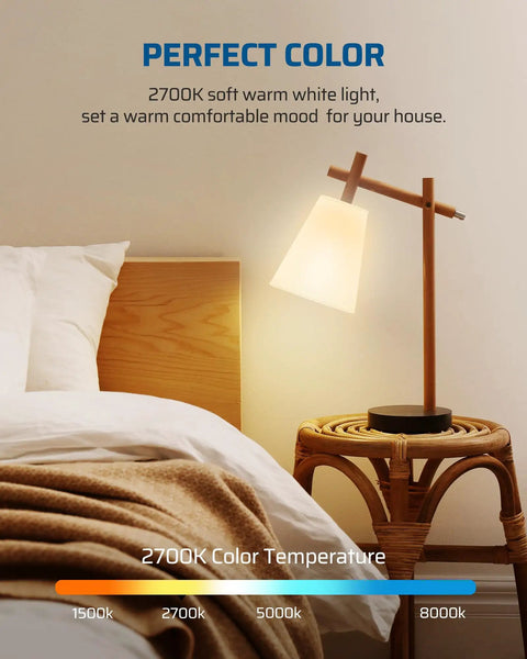 Bedroom lamp casting 2700K warm white light, showcasing Four Pack A19 Dimmable LED Light Bulbs, 2700K Warm White, 800 Lumens