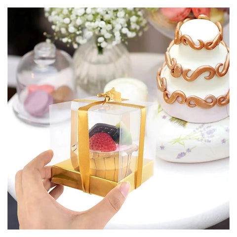 Golden Cake Gift Boxes 30 Pack with Clear Viewing Windows showcasing a dessert, ideal for weddings and celebrations.