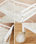 Three Tier Rolling Utility Cart With Smooth As Silk Casters And Reinforced Side Handles close-up of white frame, decorative handle and quiet swivel caster.