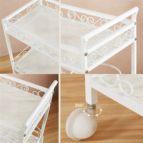 Three Tier Rolling Utility Cart With Smooth As Silk Casters And Reinforced Side Handles close-up of white frame, decorative handle and quiet swivel caster.