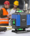 Blue Green Beam 16 Lines Laser Level with Self Leveling, 360° coverage, 150ft range, shown on a table with two workers in background.