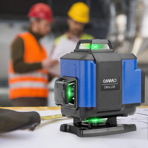 Blue Green Beam 16 Lines Laser Level with Self Leveling, 360° coverage, 150ft range, shown on a table with two workers in background.