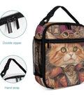 Insulated Lunch Bag For Women With Side Pocket And Durable Zippers Keeps Food Fresh All Day Water Resistant Oxford Fabric Easy Clean Liner On The Go Tote For Work School And Travel, featuring a cat design and mesh side pockets