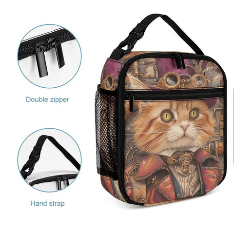 Insulated Lunch Bag For Women With Side Pocket And Durable Zippers Keeps Food Fresh All Day Water Resistant Oxford Fabric Easy Clean Liner On The Go Tote For Work School And Travel, featuring a cat design and mesh side pockets