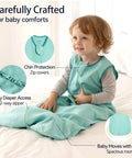 Child wearing Comfy 3 Pack Baby Sleep Sack For 6 To 12 Months 100 Percent Cotton 0.5 Tog Wearable Blanket in mint green with zipper.