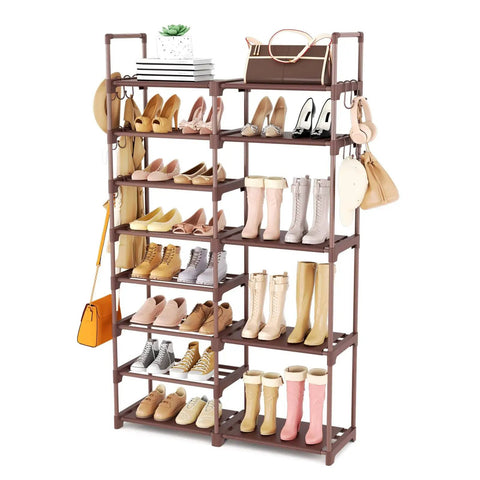 Boss 8 Tier Shoe Rack Organizer For Closet Entryway And Garage Brown Holds 26 To 32 Pairs Of Shoes And Boots With 15 Hooks Stackable