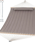 Replacement Hammock for Stand Two Person Backyard Outdoor Use With 475 Lb Capacity Fade Resistant Two Layer Quilted Polyester Fabric And Cushioned Head Pillow Brown Comfortable For Camping And Backyard Chill Great For Two People, close-up view showing chains and hooks included.