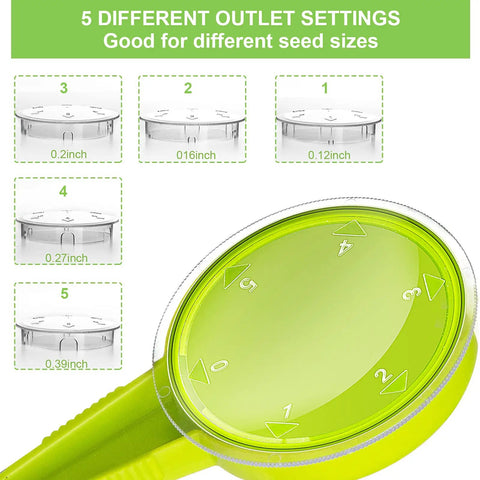Eight Pack Seed Dispenser Set For Easy Planting with adjustable outlet settings for different seed sizes, handheld green sower