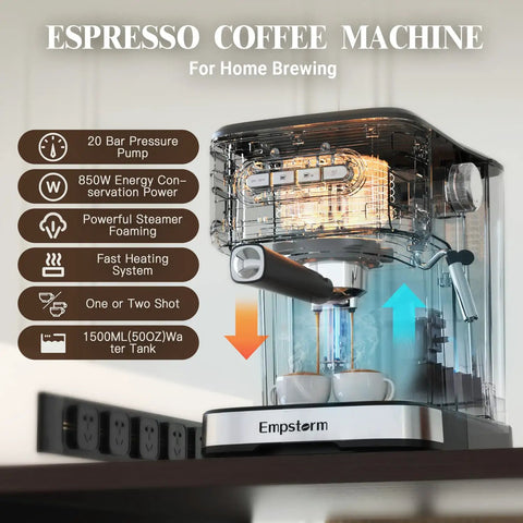 Top Shelf 20 Bar Espresso Machine With Integrated Milk Frother And Steam Wand Heavy Duty 1100 Watt Stainless Steel Coffee Maker on countertop.