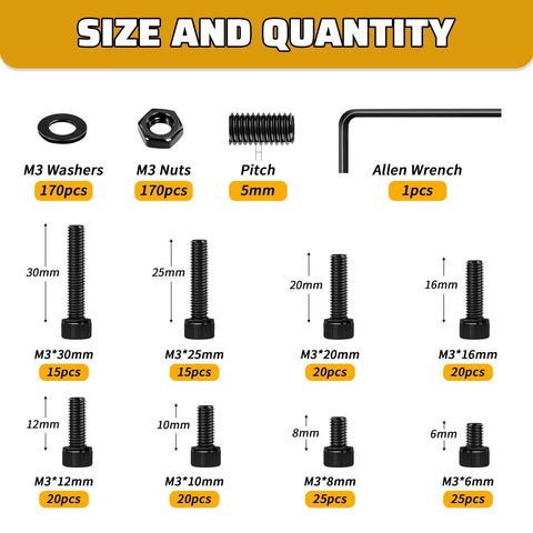 500 Piece M3 Screws Set With Hex Socket Head Bolts Nuts Washers For DIY And 3D Printer Builds, assorted sizes and quantities shown.