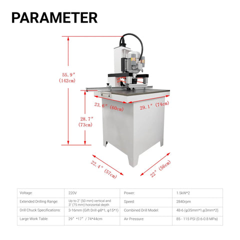 3-In-1 Vertical And Horizontal Drilling Machine For Cabinet Hinges And Connector Holes showing dimensions and specs