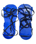 Top view of blue heavy duty adjustable lawn aerator shoes with spike soles for no fuss lawn care, yard work, and patio maintenance.