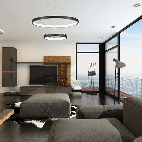 Black Dope Two Ring LED Chandelier For High Ceilings in modern living room, sleek design, adjustable, 79 inch height, 6000K bright white