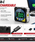 Heavy Duty Digital Angle Finder With Dual Laser And Strong Magnet That Gives Accurate Readings Without Any Guesswork For Woodworking And Diy Projects While You Top Off The Battery On Every Job showing USB-C charging port and display.