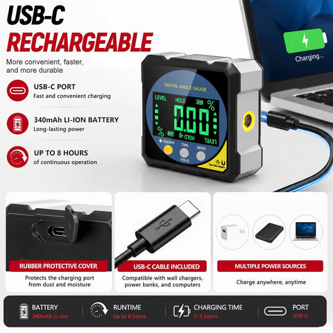 Heavy Duty Digital Angle Finder With Dual Laser And Strong Magnet That Gives Accurate Readings Without Any Guesswork For Woodworking And Diy Projects While You Top Off The Battery On Every Job showing USB-C charging port and display.