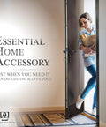Magnetic Rubber Door Kick Plate With UV Printed Faux Satin Black Finish For Exterior Steel Doors, Easy Magnetic Mount, Durable Scrape And Impact Protection, Elegant Yet Tough Door Accent For Home Front Entrance 6x30 shown on open door with woman holding groceries