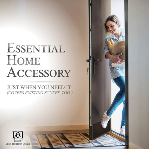 Magnetic Rubber Door Kick Plate With UV Printed Faux Satin Black Finish For Exterior Steel Doors, Easy Magnetic Mount, Durable Scrape And Impact Protection, Elegant Yet Tough Door Accent For Home Front Entrance 6x30 shown on open door with woman holding groceries