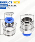 Push To Connect Fittings Set Two Pack Three Eighth Inch NPT Male Fits 0.24 Inch OD Tube Nickel Plated Brass with measurements shown