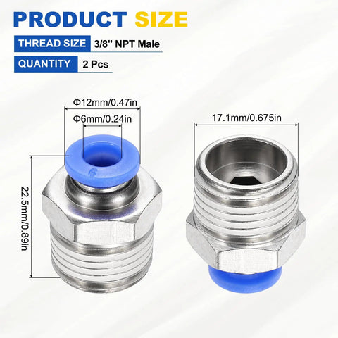 Push To Connect Fittings Set Two Pack Three Eighth Inch NPT Male Fits 0.24 Inch OD Tube Nickel Plated Brass with measurements shown