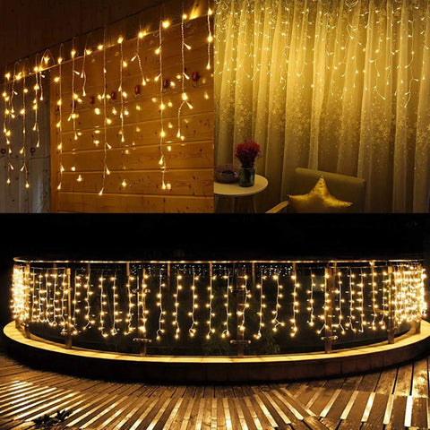 Solar Icicle String Lights 36 Ft 264 LEDs Waterproof Weatherproof Extendable Curtain Lights No Fuss Easy Setup Warm White