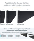 Rock Solid One U Vertical Wall Mount Bracket Holds A Beefy 121 Lbs Minimal Footprint 19 Inch Server Cases And Patch Panels side view of available sizes 1U, 2U, 4U in sturdy design