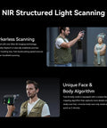 Man using RaptorX Handheld 3D Scanner With Wireless Connectivity, Metrology Grade 0.02mm Accuracy, Industrial Blue Light on statue.