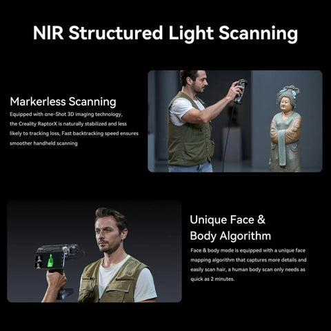 Man using RaptorX Handheld 3D Scanner With Wireless Connectivity, Metrology Grade 0.02mm Accuracy, Industrial Blue Light on statue.