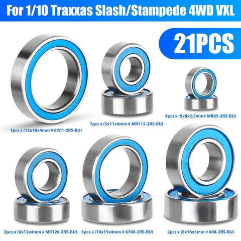 21Pcs RC Bearing Kit Steel Sealed Ball Bearings for 1x10 Traxxas Slash Stampede 4x4 4WD VXL Rustler Rally Telluride kit