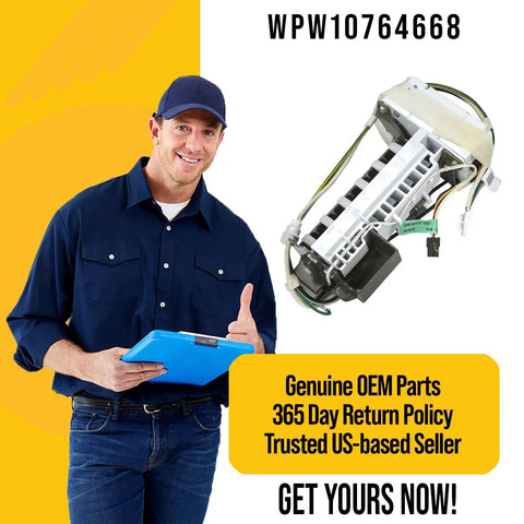 Technician holding clipboard with Drop In Plug And Play Ice Maker Assembly for Whirlpool Refrigerator Compatible With 7WF736SDAM