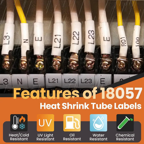 Heavy Duty 3/4 Inch Heat Shrink Label Tubes 18057 labeling electrical components with clear identifiers in a control panel.