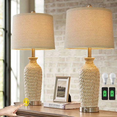 Two USB Touch Dimmable Ceramic Table Lamps Set Of 2 For Living Room Or Bedroom, 3-Way Brightness With Tap Control, beige shade