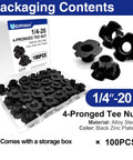 100 Pack 1/4-20 T Nuts for Wood, Black Carbon Steel 4 Prong Tee Nuts for Furniture, Cabinets, and Rock Climbing Holds