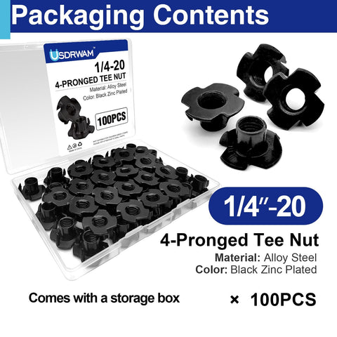 100 Pack 1/4-20 T Nuts for Wood, Black Carbon Steel 4 Prong Tee Nuts for Furniture, Cabinets, and Rock Climbing Holds