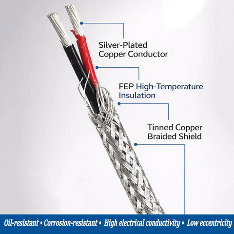 Heavy Duty 300 Ft High Temp Fep Shielded Cable, Silver Plated Copper Wire With Beefy Braided Armor, close-up of conductive strands.