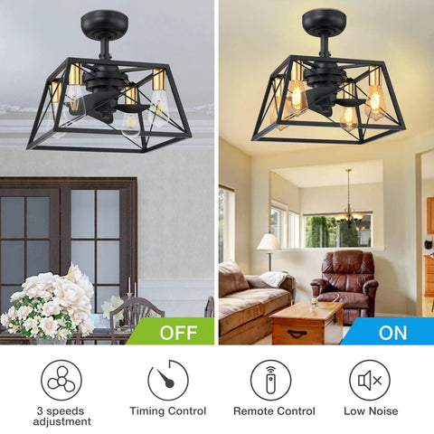 Enclosed Caged Square Ceiling Fan With Retro Industrial Metal Cage, Low Profile Flush Mount, in living room and dining room settings.