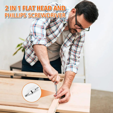 Man using 9 In 1 Multi Tool Pen Set For Men And Women Stocking Stuffers Gift on wood project, close-up of screwdriver feature.
