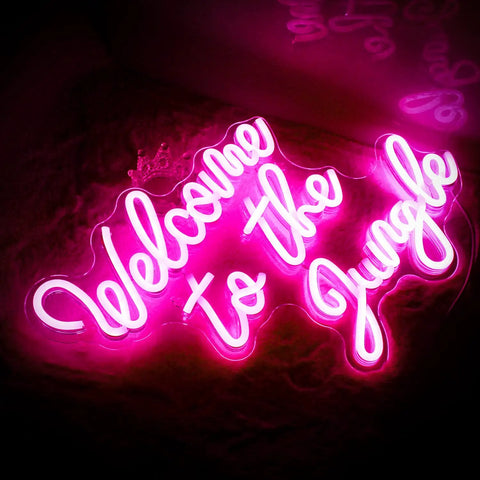 Welcome To The Jungle Neon Sign Pink LED Word Neon Light USB Powered Letter Light For Bedroom Nursery Kids Room Garden Home Wedding Birthday Party Decor Gifts. Bright pink neon sign for wall decor.