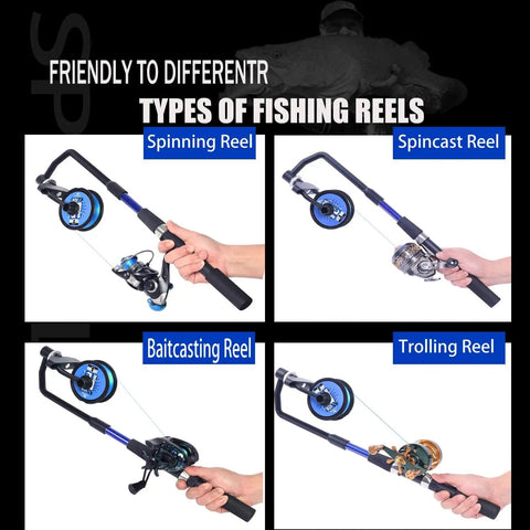 Different types of fishing reels including spinning, spincast, baitcasting, and trolling reels displayed on a black background.
