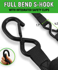 Full Bend S-hook with safety clips on Beefy Four Pack Heavy Duty Ratchet Straps 1.5 Inch By 15 Foot Tie Downs
